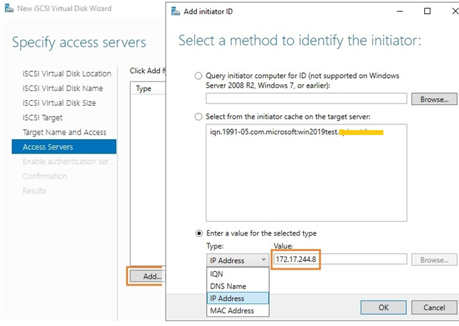 add iscsi initiator by an ip address on windows server 