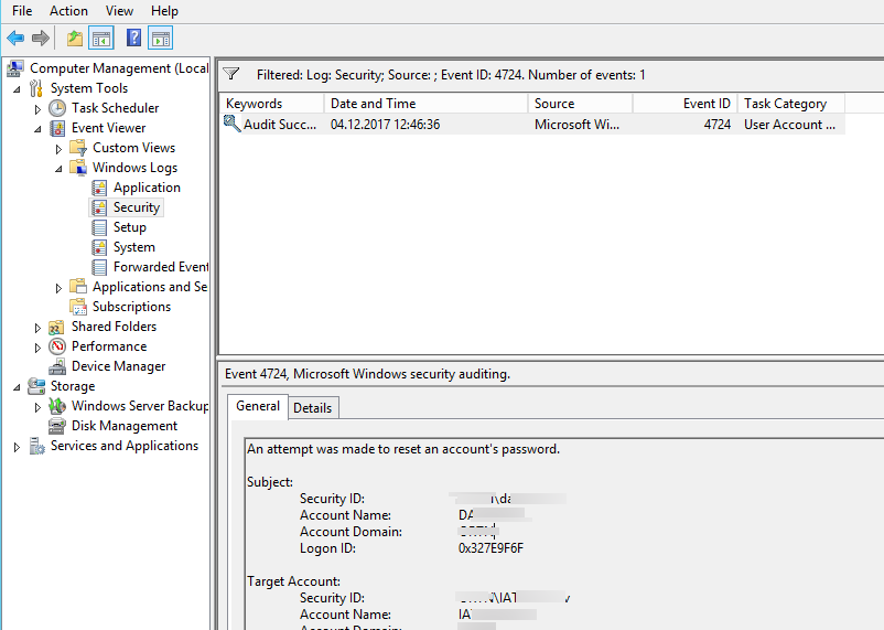 event 4724 An attempt was made to reset an account’s password
