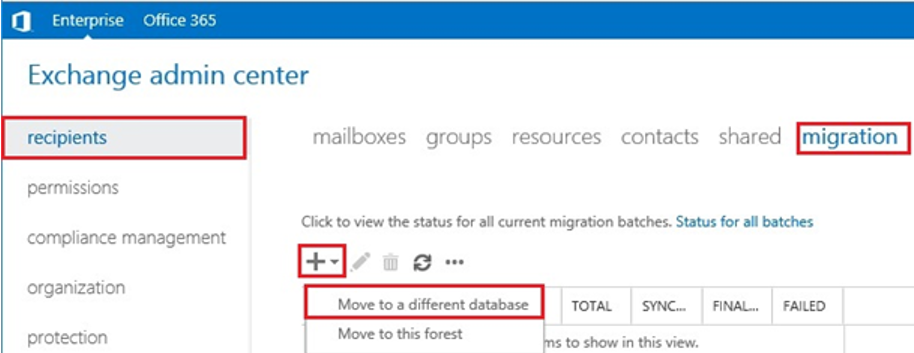 exchange admin center - move mailbox to a different database