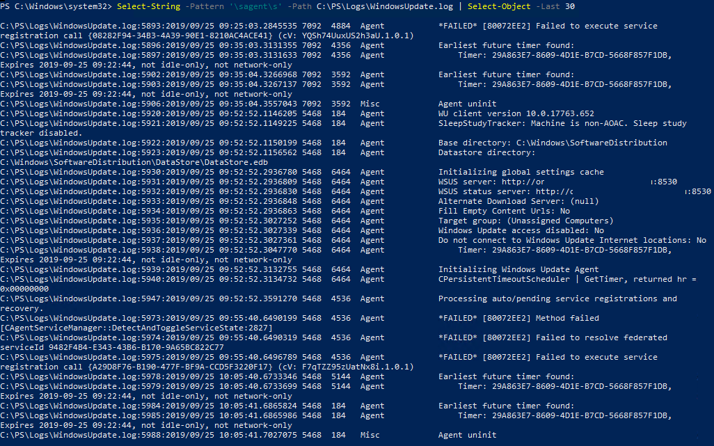 parsing windowsupdate.log with powershell