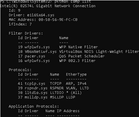 pktmon comp list - network interfaces 