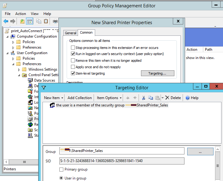 printer deployment targeting: specify AD security group to deploy printers