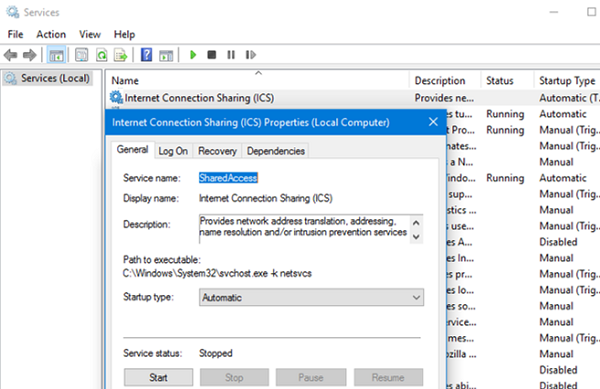 internet connection sharing - configure service autostart on windows 10