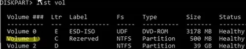 check system reserved partition volume number