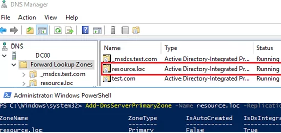 create DNS primary zone for new AD domain