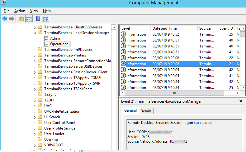 EventID 21 - Remote Desktop Services: Session logon succeeded