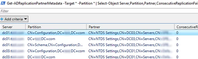 Get-ADReplicationPartnerMetadata shows an replication partner metadata object for each of its replication partners (domain controllers)