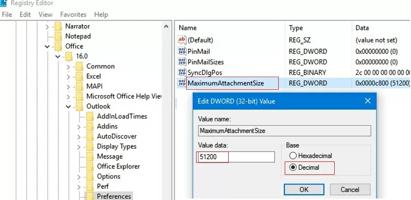 MaximumAttachmentSize Outlook registry parameter