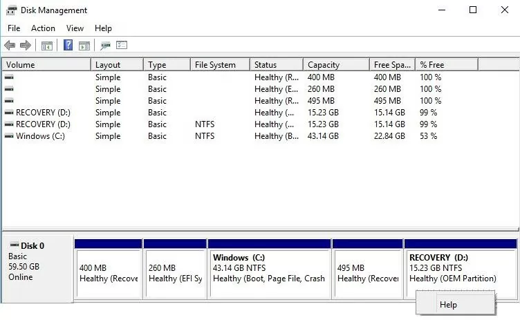 oem recovery partition in disk managment console