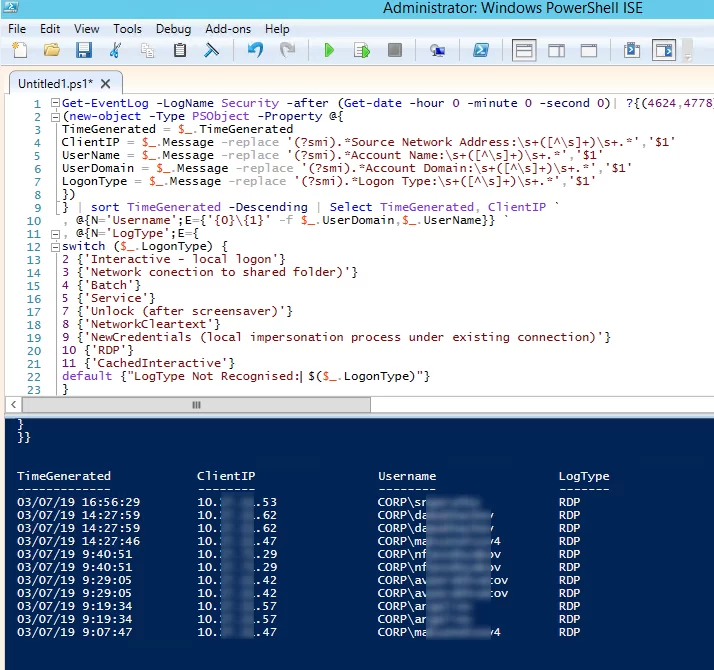 powershell: list todays rdp logons with an ip and username