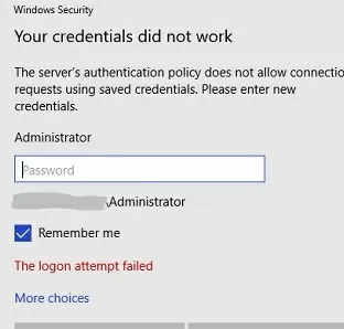 The server’s authentication policy does not allow connection requests using saved credentials