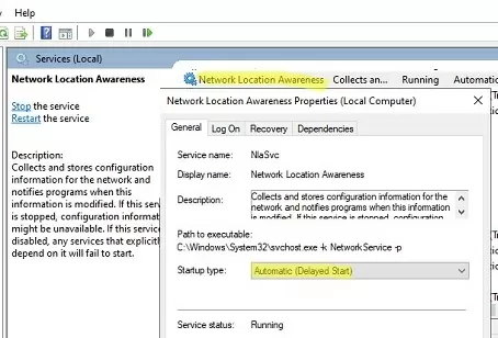 set network location awareness service delayed start