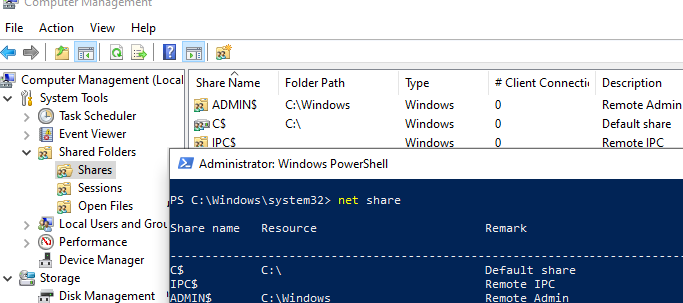 view a list of hidden administrative shares on windows 10 (Admin$, IPC$, C$, D$)